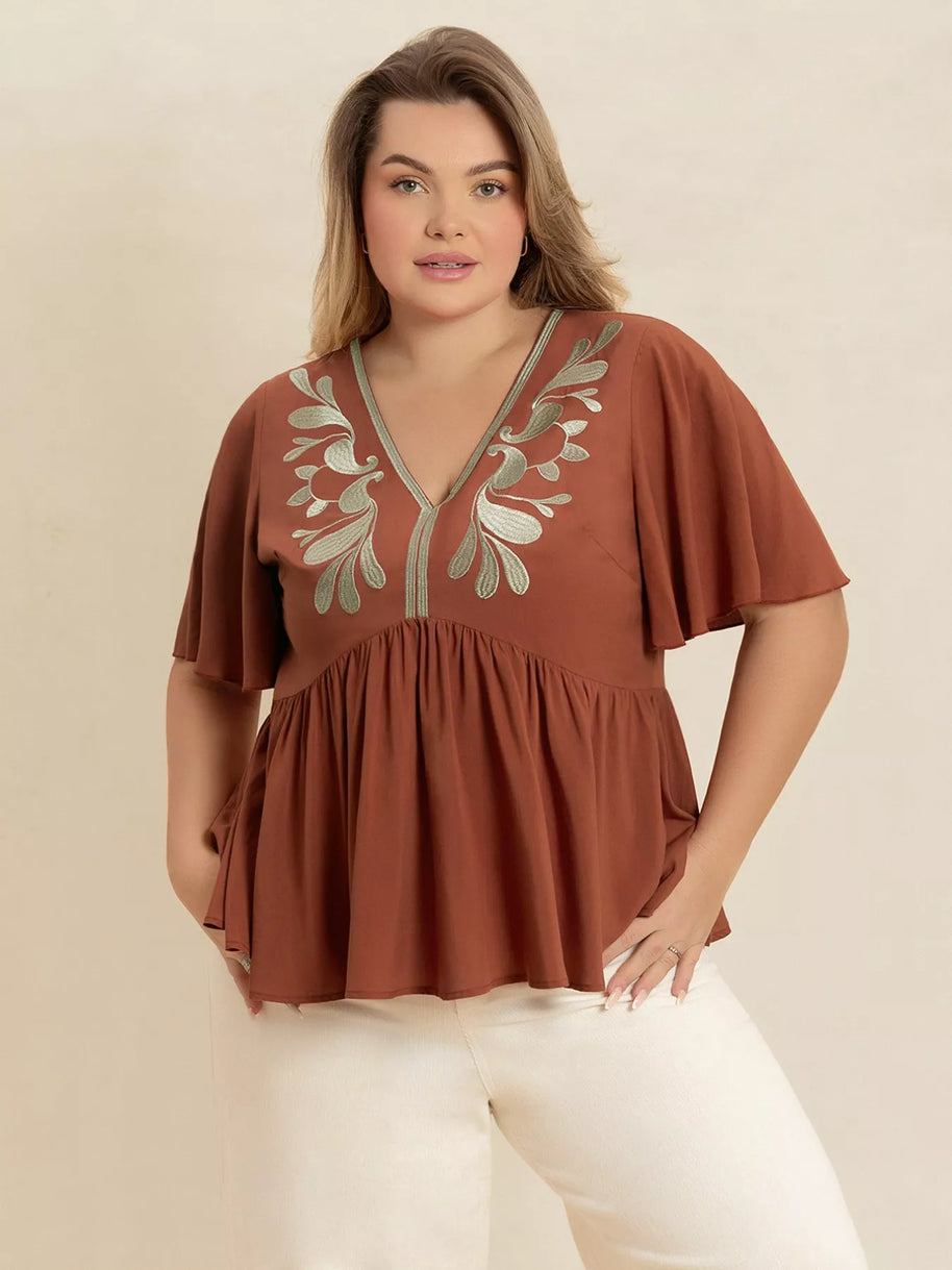 Plus Size Embroidered V-Neck Flutter Sleeve Blouse-Blouses-Trendsi-[option4]-[option5]-[option6]-[option7]-[option8]-Shop-Boutique-Clothing-for-Women-Online