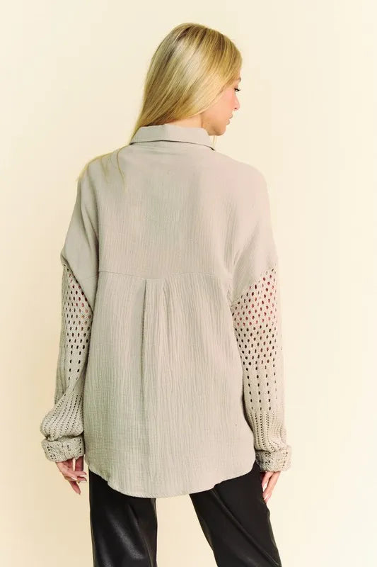 Davi & Dani Crochet Sleeve Crinkled Texture Shirt-Blouses-Trendsi-[option4]-[option5]-[option6]-[option7]-[option8]-Shop-Boutique-Clothing-for-Women-Online