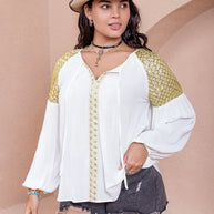 Plus Size Sequin Tie Neck Dropped Shoulder Blouse-Blouses-Trendsi-White-0XL-[option4]-[option5]-[option6]-[option7]-[option8]-Shop-Boutique-Clothing-for-Women-Online