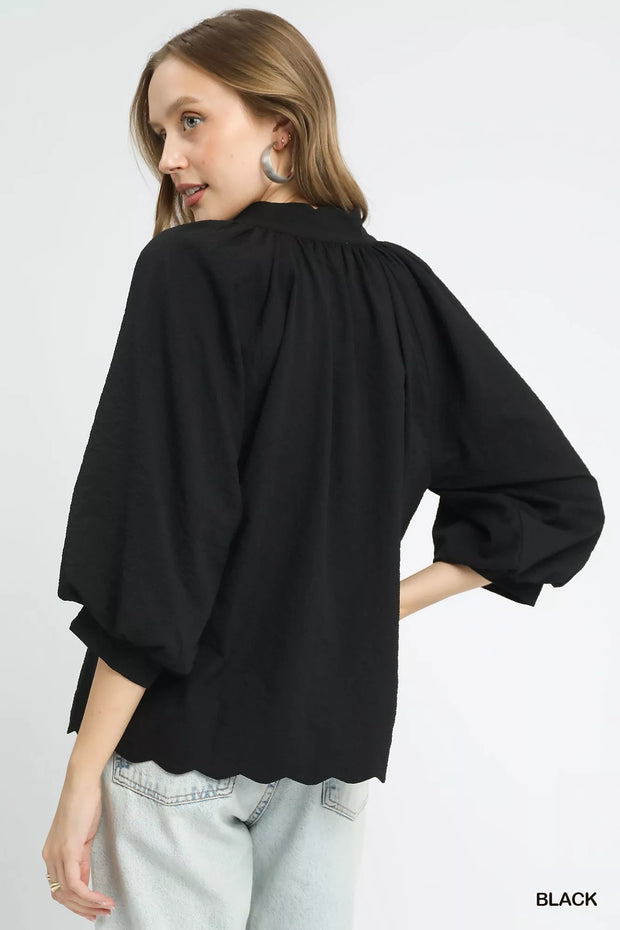 Umgee Full Size Textured Notched Balloon Sleeve Blouse-Blouses-Trendsi-[option4]-[option5]-[option6]-[option7]-[option8]-Shop-Boutique-Clothing-for-Women-Online