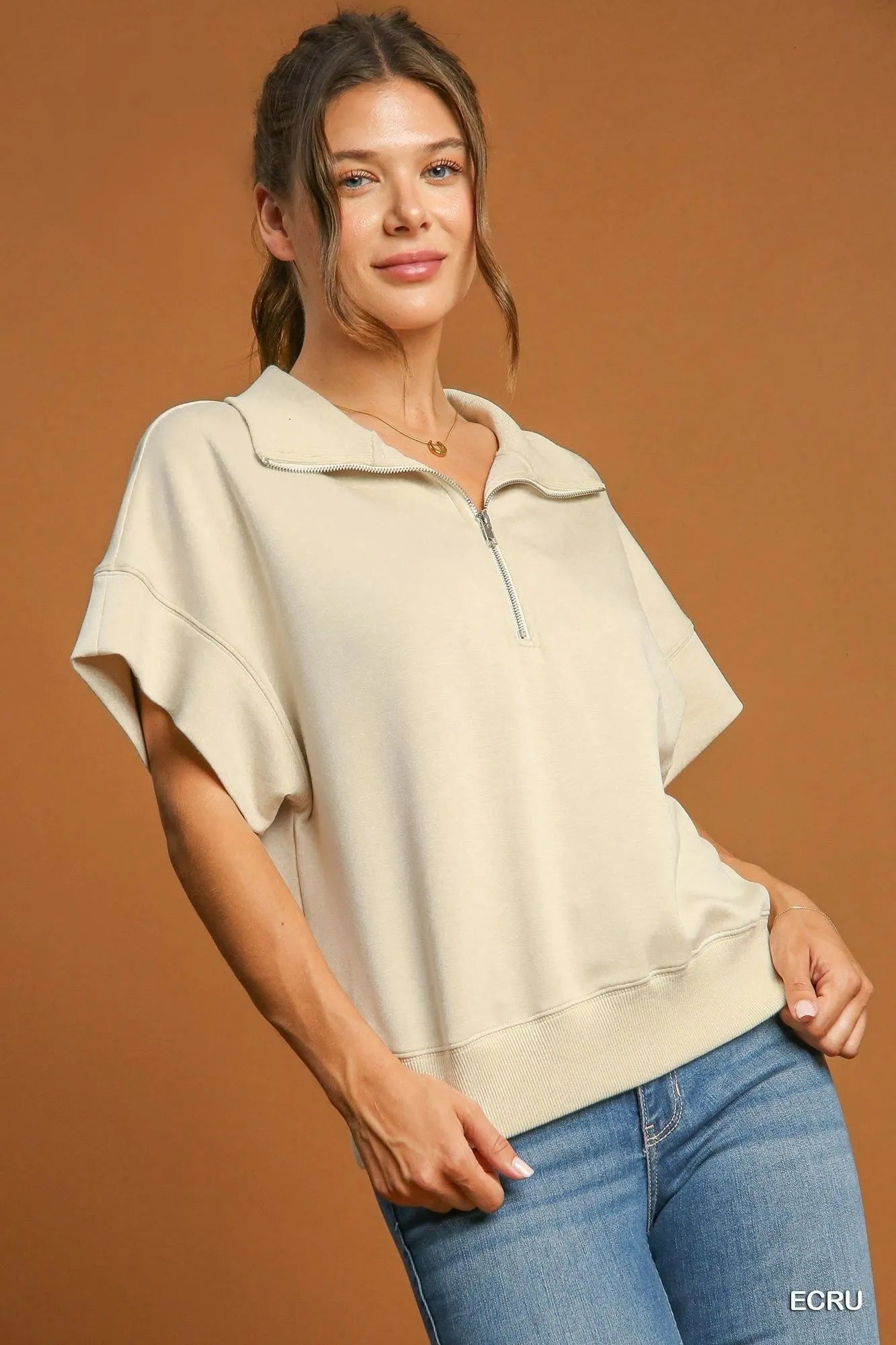 Half-Zip Short Sleeve Top-Blouses-Trendsi-ECRU-S-[option4]-[option5]-[option6]-[option7]-[option8]-Shop-Boutique-Clothing-for-Women-Online