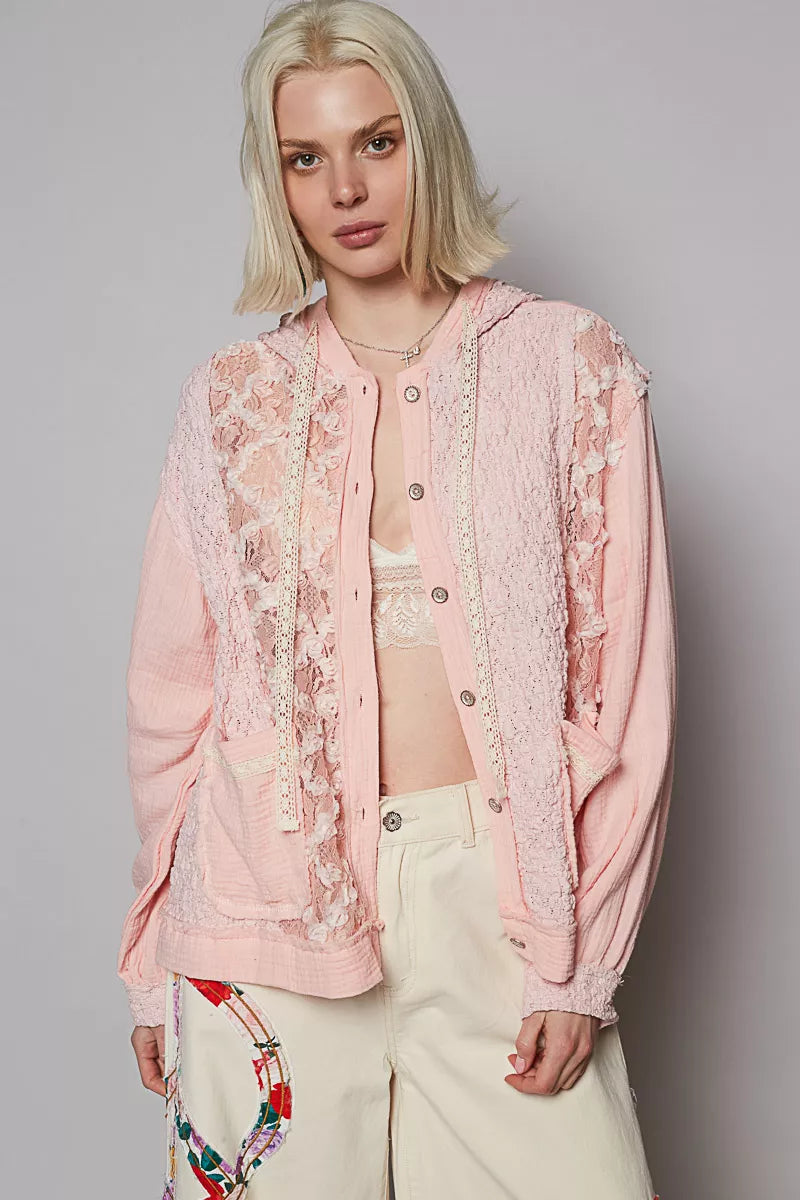 POL Exposed Seam Button Down Hooded Jacket with Lace Detail-Jacket-Trendsi-POWDER PINK-S-[option4]-[option5]-[option6]-[option7]-[option8]-Shop-Boutique-Clothing-for-Women-Online