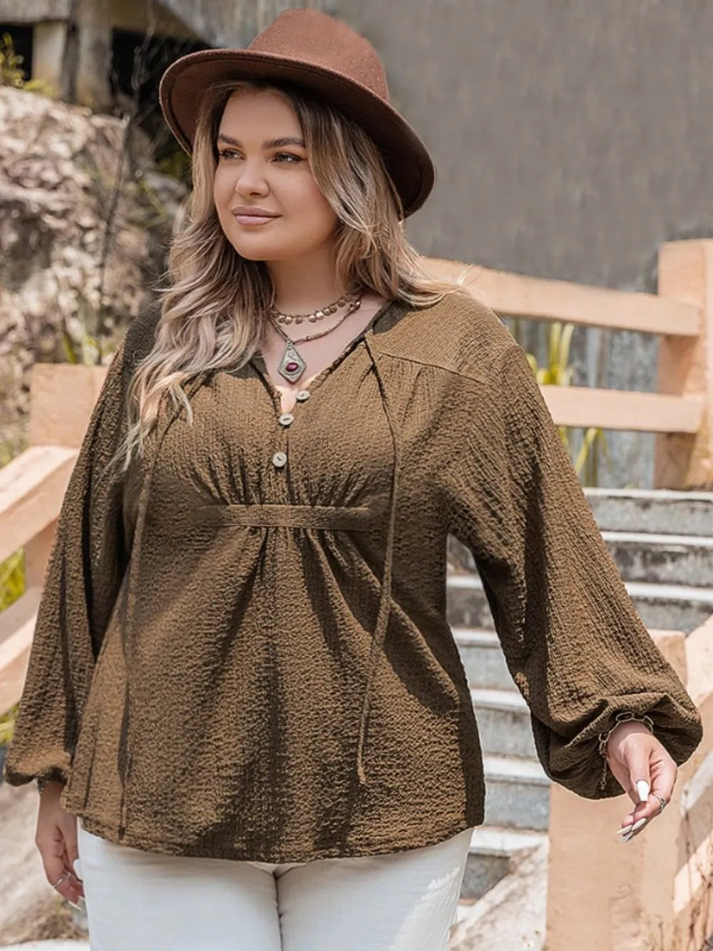 Plus Size Tie Neck Long Sleeve Blouse-Blouses-Trendsi-[option4]-[option5]-[option6]-[option7]-[option8]-Shop-Boutique-Clothing-for-Women-Online