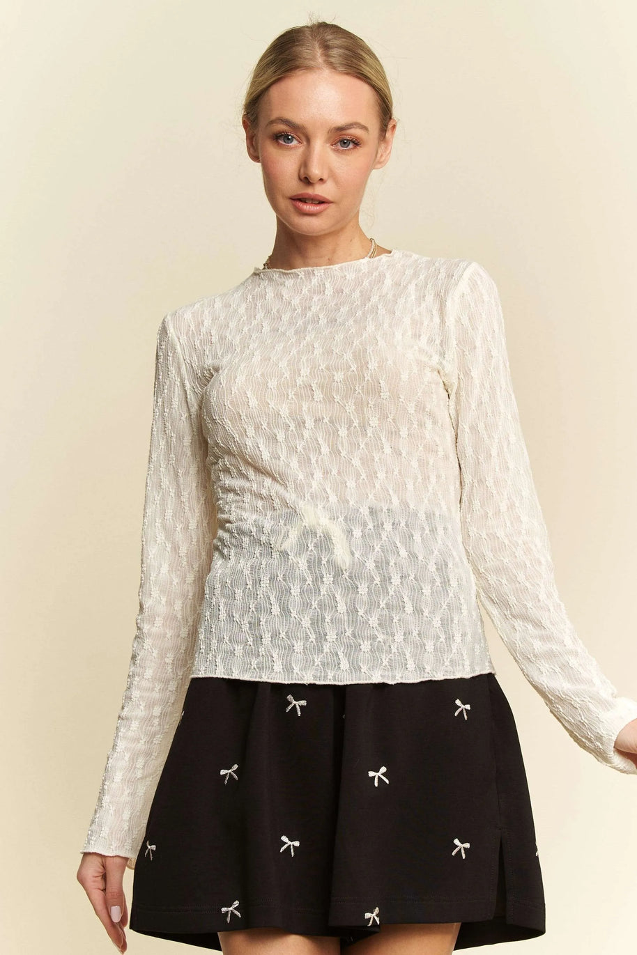 Davi & Dani Long Sleeve Sheer Small Embroidered Bows Lace Top-Top-Trendsi-CREAM-S-[option4]-[option5]-[option6]-[option7]-[option8]-Shop-Boutique-Clothing-for-Women-Online