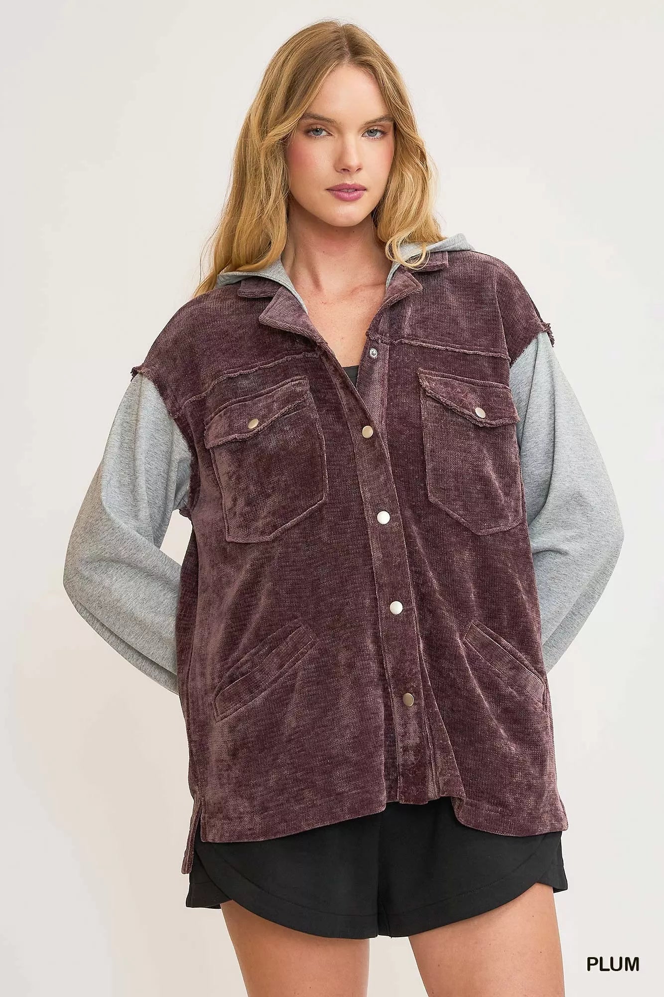 Umgee Contrast Hooded Chenille Jacket-Coats & Jackets-Trendsi-PLUM-S-[option4]-[option5]-[option6]-[option7]-[option8]-Shop-Boutique-Clothing-for-Women-Online