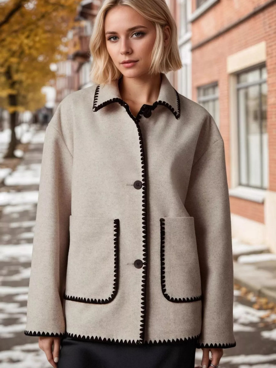 Contrast Trim Drop Shoulder Outerwear-Coats-Trendsi-Khaki-S-[option4]-[option5]-[option6]-[option7]-[option8]-Shop-Boutique-Clothing-for-Women-Online