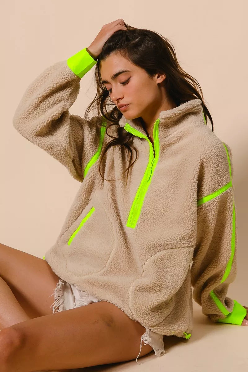 BiBi Contrast Edge Half Zip Up Sherpa Jacket-Jacket-Trendsi-[option4]-[option5]-[option6]-[option7]-[option8]-Shop-Boutique-Clothing-for-Women-Online
