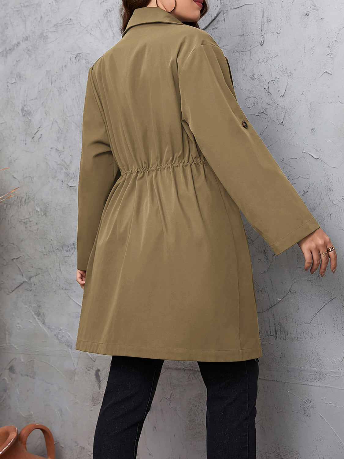 Honey Plus Size Lapel Collar Drawstring Roll-Tab Sleeve Trench Coat-Coats & Jackets-Trendsi-[option4]-[option5]-[option6]-[option7]-[option8]-Shop-Boutique-Clothing-for-Women-Online
