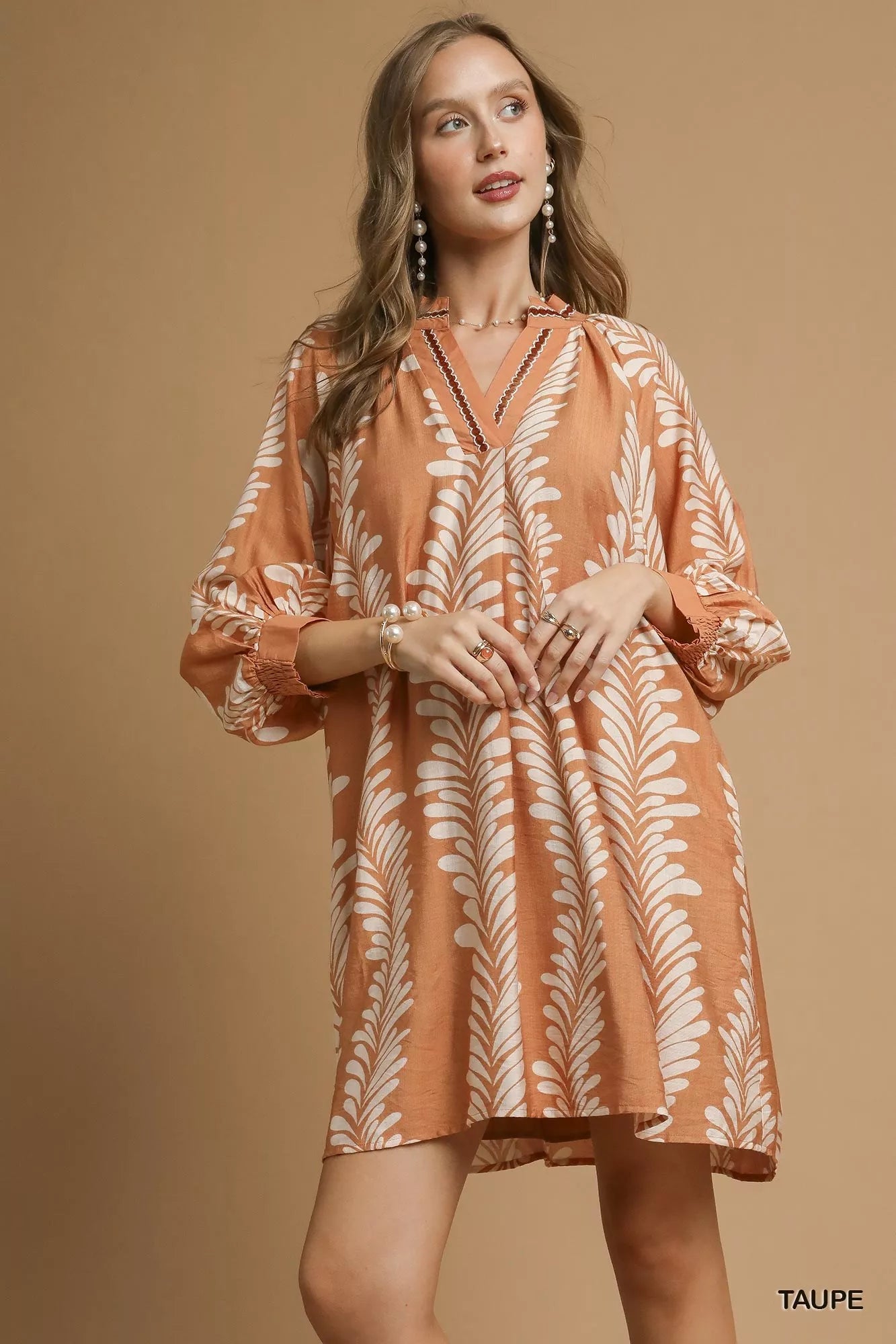 Umgee Leaf Print Notched Mini Babydoll Dress-Dresses-Trendsi-TAUPE-S-[option4]-[option5]-[option6]-[option7]-[option8]-Shop-Boutique-Clothing-for-Women-Online