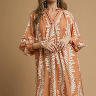 Umgee Leaf Print Notched Mini Babydoll Dress-Dresses-Trendsi-TAUPE-S-[option4]-[option5]-[option6]-[option7]-[option8]-Shop-Boutique-Clothing-for-Women-Online