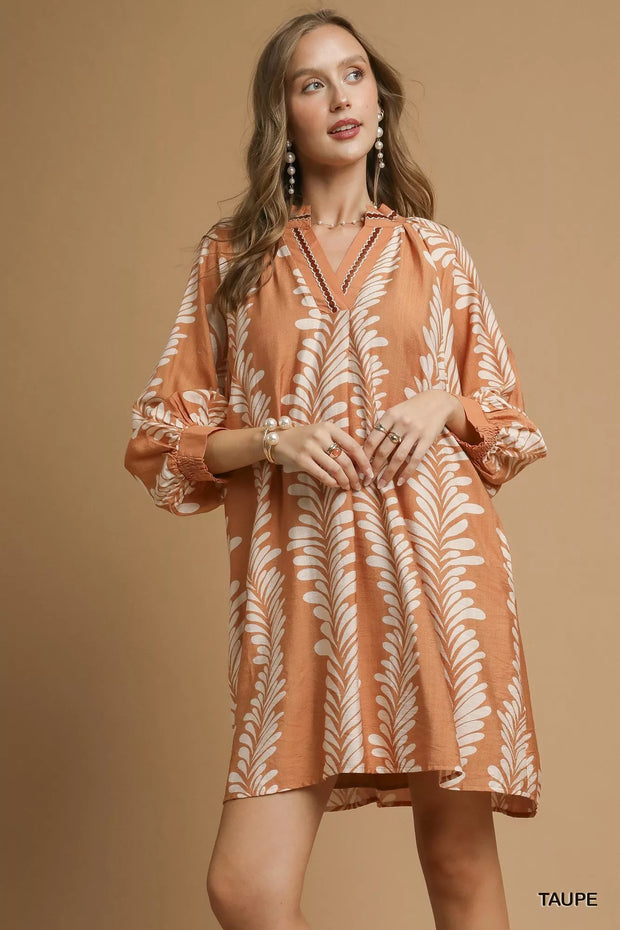 Umgee Leaf Print Notched Mini Babydoll Dress-Dresses-Trendsi-TAUPE-S-[option4]-[option5]-[option6]-[option7]-[option8]-Shop-Boutique-Clothing-for-Women-Online