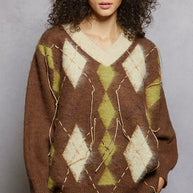 POL V-Neck Argyle Pattern Mohair Sweater with Contrast Exposed Stitch Detail-sweater-Trendsi-MOCHA-S-[option4]-[option5]-[option6]-[option7]-[option8]-Shop-Boutique-Clothing-for-Women-Online