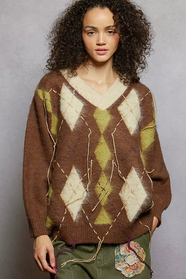 POL V-Neck Argyle Pattern Mohair Sweater with Contrast Exposed Stitch Detail-sweater-Trendsi-MOCHA-S-[option4]-[option5]-[option6]-[option7]-[option8]-Shop-Boutique-Clothing-for-Women-Online