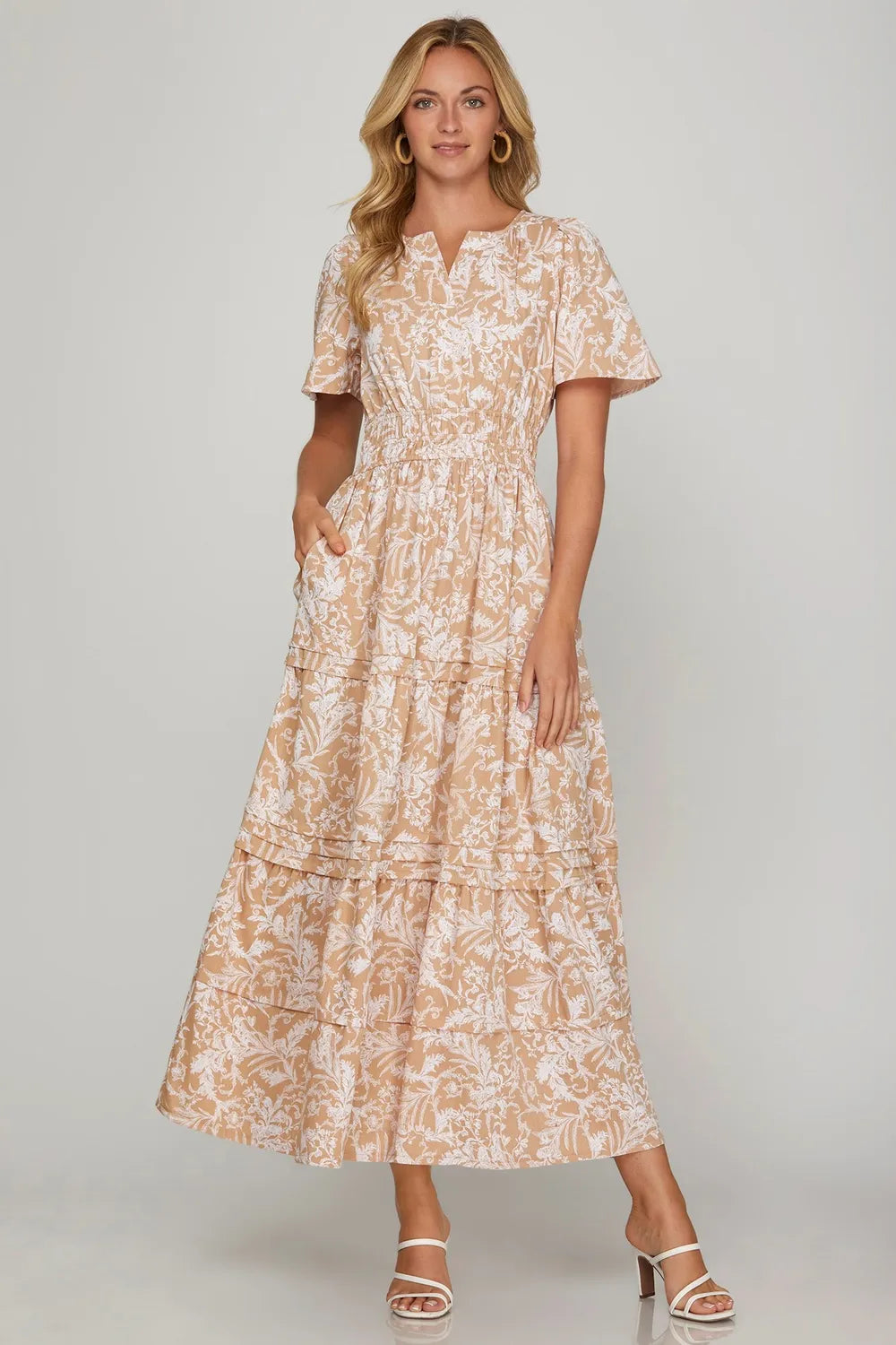 She + Sky Printed Notched Woven Tiered Pintuck Maxi Dress with Side Pockets-Dresses-Trendsi-Apricot-S-[option4]-[option5]-[option6]-[option7]-[option8]-Shop-Boutique-Clothing-for-Women-Online