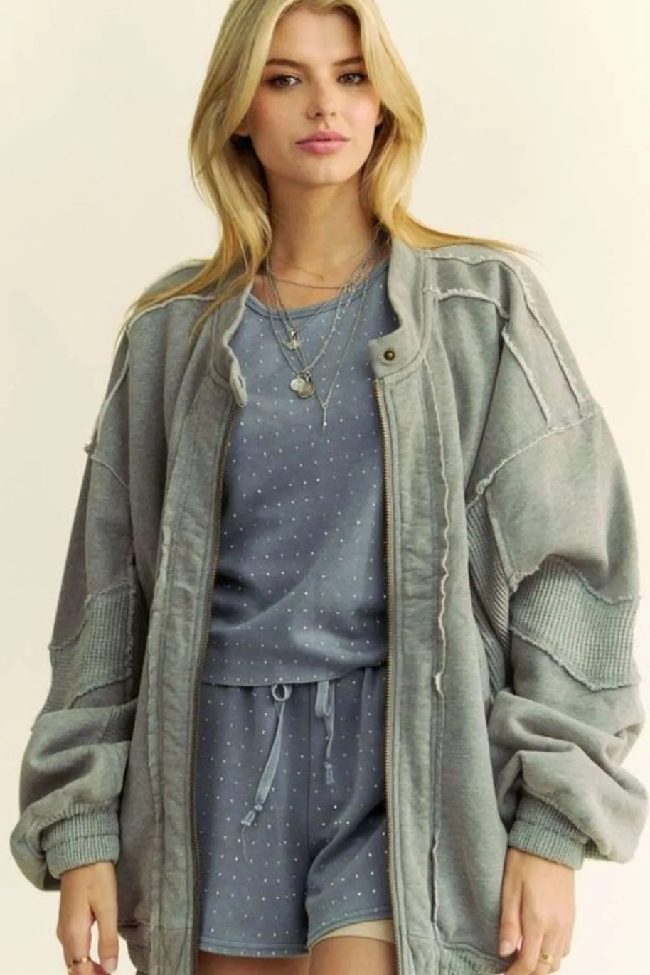 Davi & Dani Exposed Seam Zip Up Dropped Shoulder Jacket-Jacket-Trendsi-Grey-S-[option4]-[option5]-[option6]-[option7]-[option8]-Shop-Boutique-Clothing-for-Women-Online