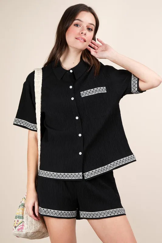 VERY J Crinkled Woven Shirt Top & Shorts Set-2 piece set-Trendsi-[option4]-[option5]-[option6]-[option7]-[option8]-Shop-Boutique-Clothing-for-Women-Online