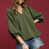 Textured Notched Balloon Sleeve Blouse-Blouses-Trendsi-Olive-S-[option4]-[option5]-[option6]-[option7]-[option8]-Shop-Boutique-Clothing-for-Women-Online