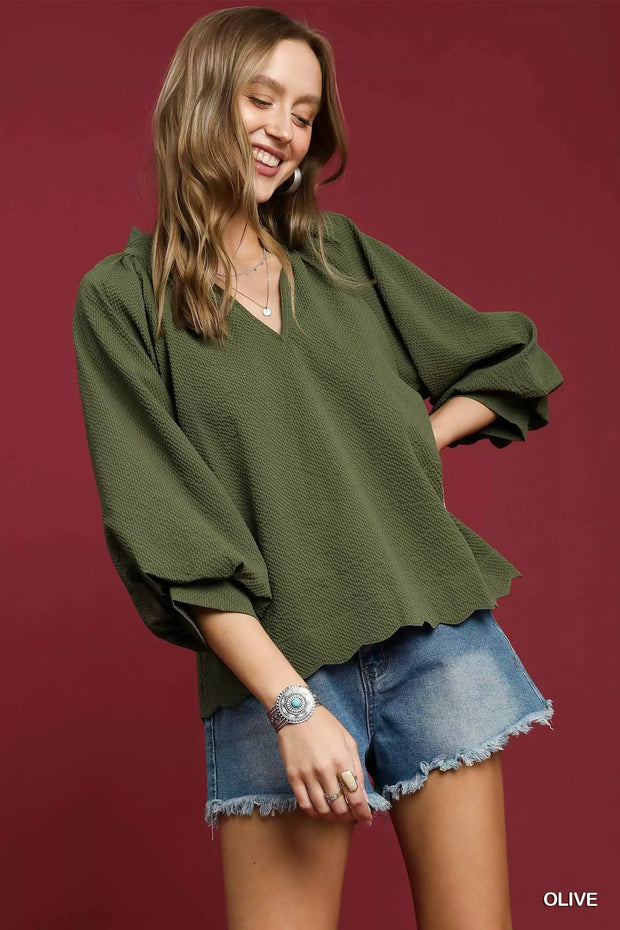 Textured Notched Balloon Sleeve Blouse-Blouses-Trendsi-Olive-S-[option4]-[option5]-[option6]-[option7]-[option8]-Shop-Boutique-Clothing-for-Women-Online