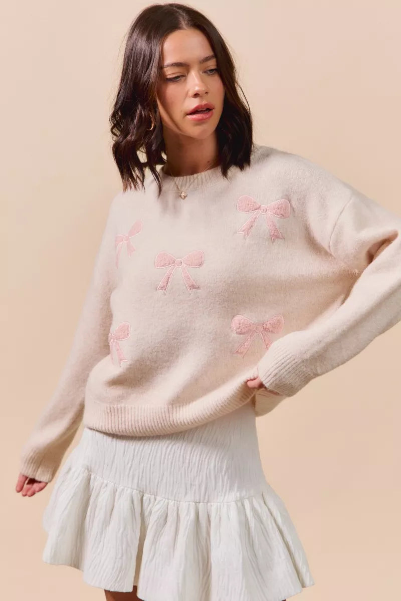 SO ME Embroidered Ribbon Round Neck Sweater-Sweaters-Trendsi-[option4]-[option5]-[option6]-[option7]-[option8]-Shop-Boutique-Clothing-for-Women-Online