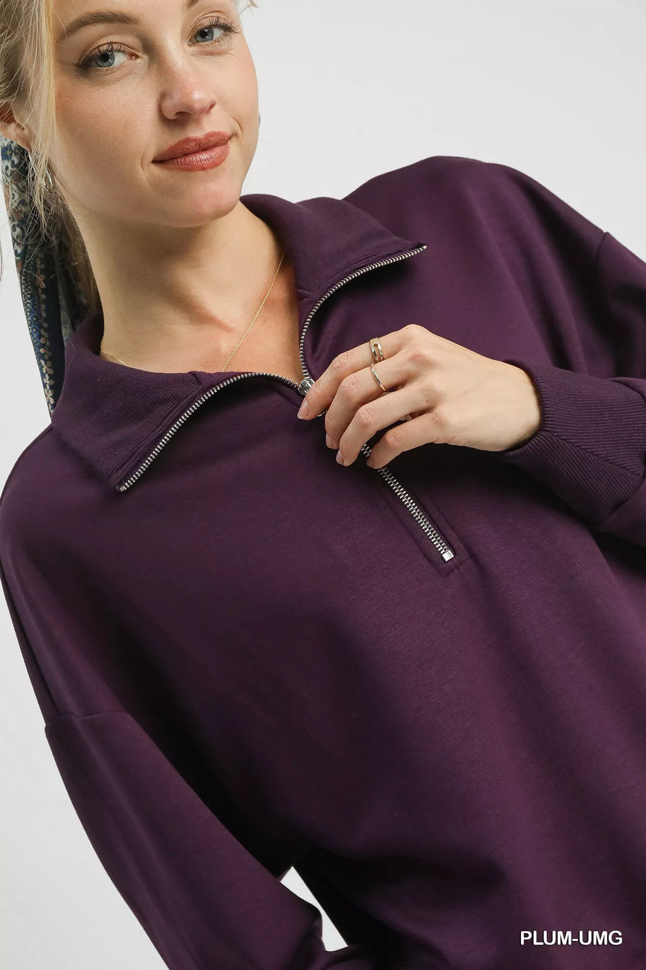 Umgee Half Zip Drop Shoulder Sweatshirt-Sweatshirts-Trendsi-[option4]-[option5]-[option6]-[option7]-[option8]-Shop-Boutique-Clothing-for-Women-Online