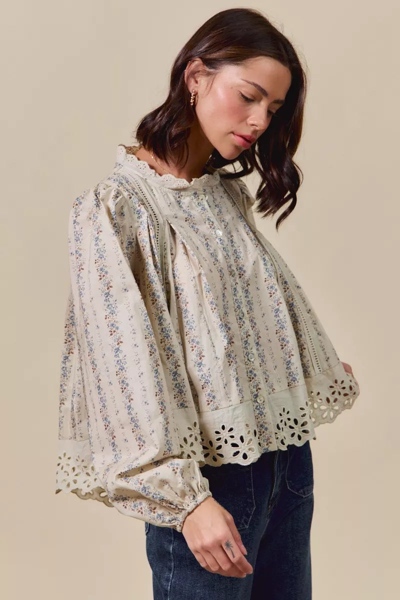 SO ME Floral Print Lace Button Down Shirt-Blouses-Trendsi-[option4]-[option5]-[option6]-[option7]-[option8]-Shop-Boutique-Clothing-for-Women-Online