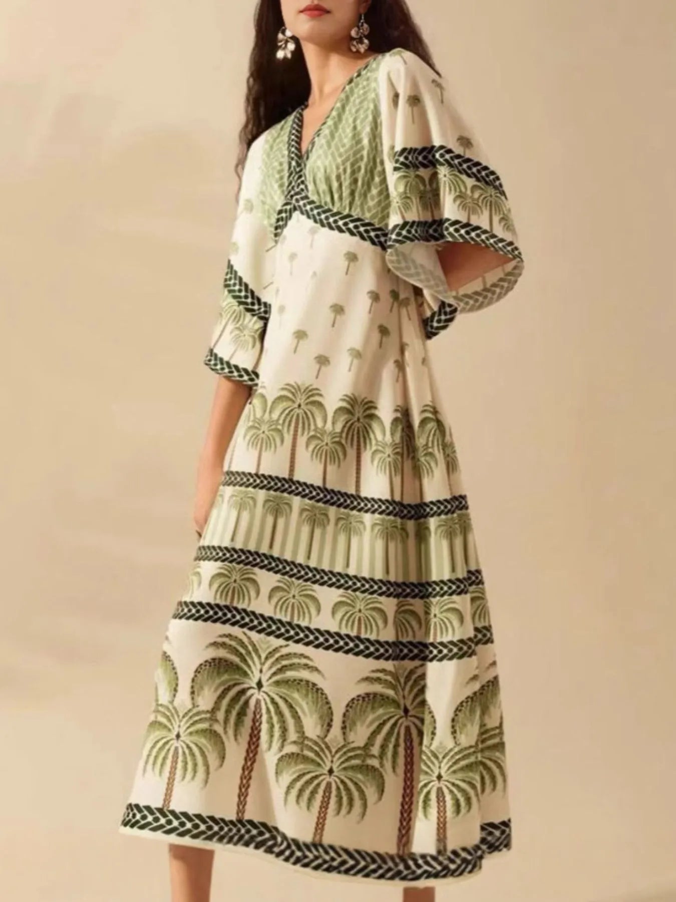 Palm Print V-Neck Midi Dress-Dresses-Trendsi-Matcha Green-XS-[option4]-[option5]-[option6]-[option7]-[option8]-Shop-Boutique-Clothing-for-Women-Online