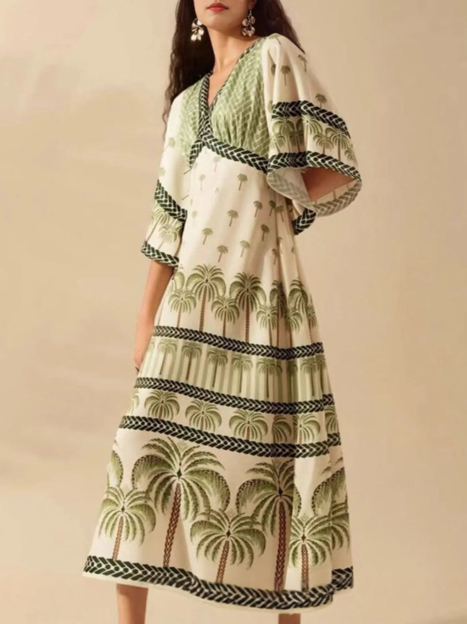 Palm Print V-Neck Midi Dress-Dresses-Trendsi-Matcha Green-XS-[option4]-[option5]-[option6]-[option7]-[option8]-Shop-Boutique-Clothing-for-Women-Online