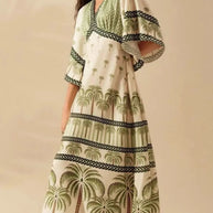 Palm Print V-Neck Midi Dress-Dresses-Trendsi-Matcha Green-XS-[option4]-[option5]-[option6]-[option7]-[option8]-Shop-Boutique-Clothing-for-Women-Online