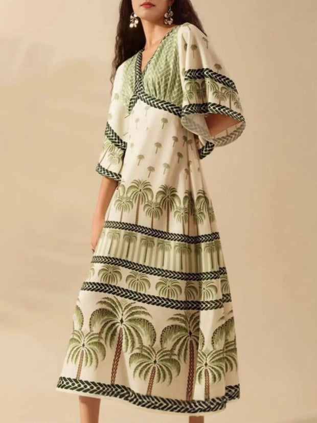 Palm Print V-Neck Midi Dress-Dresses-Trendsi-Matcha Green-XS-[option4]-[option5]-[option6]-[option7]-[option8]-Shop-Boutique-Clothing-for-Women-Online