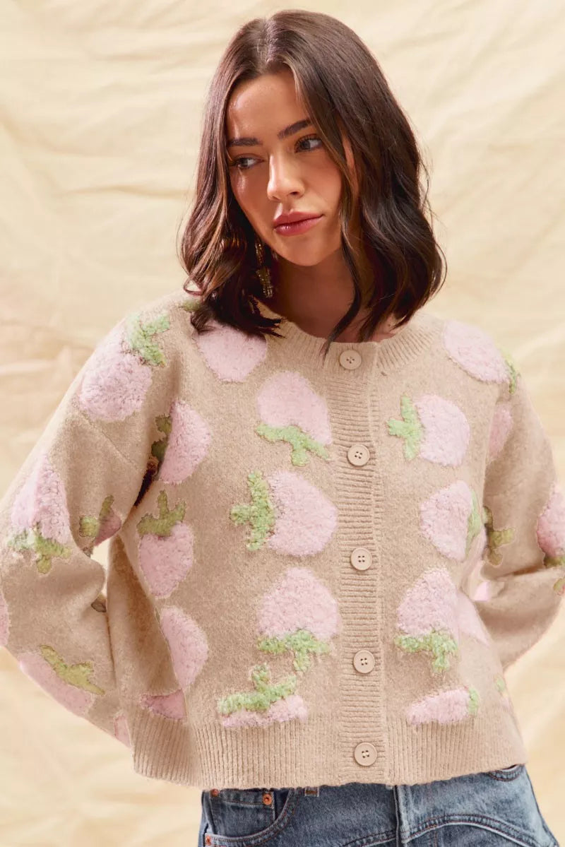 SO ME Strawberry Fruit All Over Button Sweater Cardigan-Cardigans-Trendsi-OATMEAL-S-[option4]-[option5]-[option6]-[option7]-[option8]-Shop-Boutique-Clothing-for-Women-Online