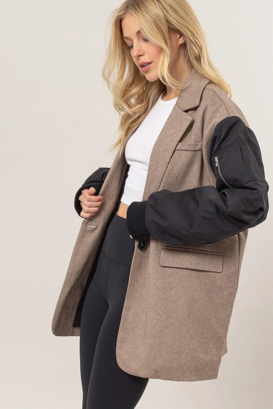 HYFVE Herringbone Mixed Media Contrast Long Sleeve Blazer-Blazers-Trendsi-[option4]-[option5]-[option6]-[option7]-[option8]-Shop-Boutique-Clothing-for-Women-Online