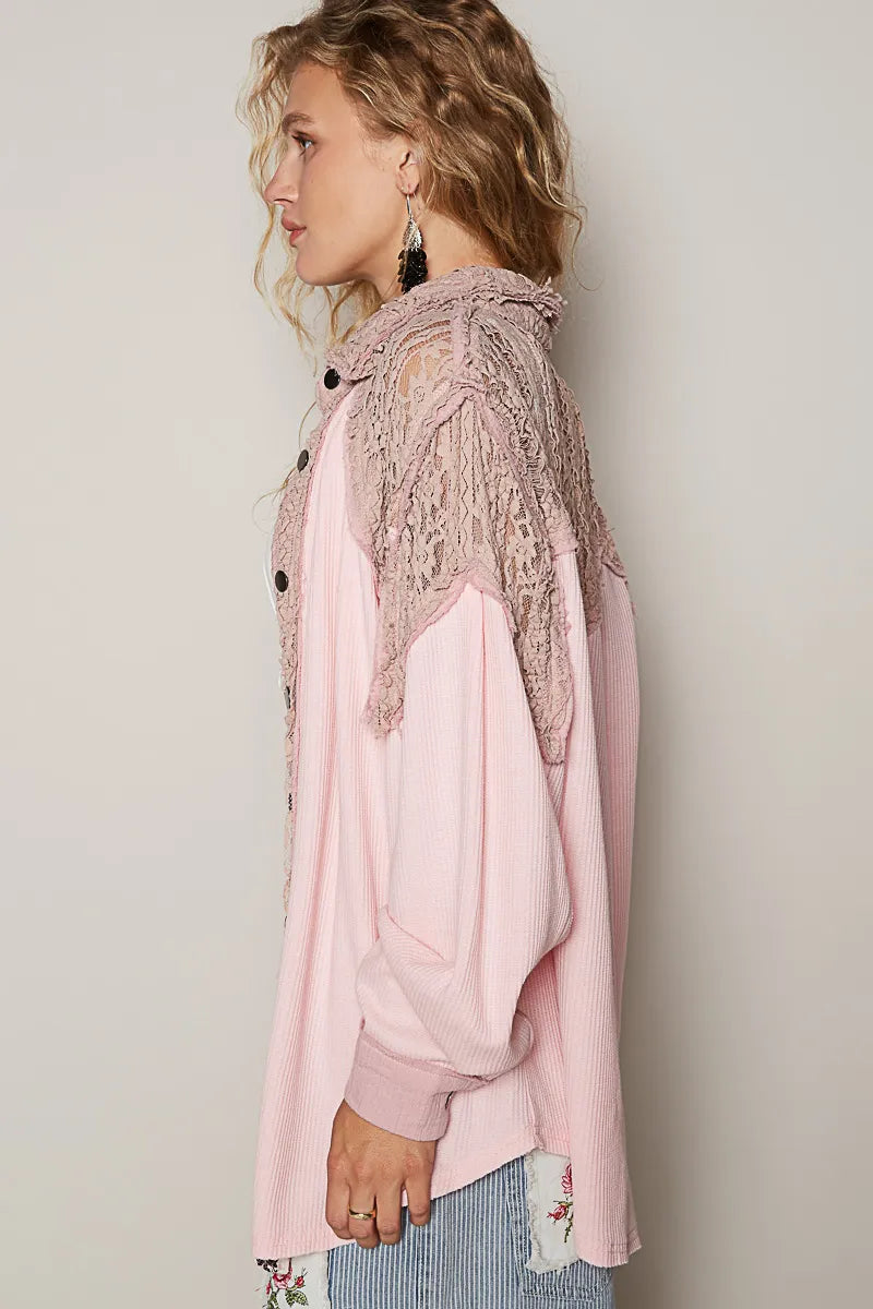 POL Lace Patchwork Button Up Shacket-Womens Outerwear/Shacket-Trendsi-[option4]-[option5]-[option6]-[option7]-[option8]-Shop-Boutique-Clothing-for-Women-Online