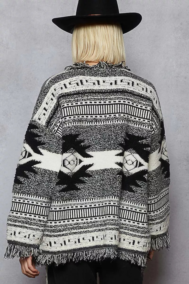 POL Open Front Geometric Print Cardigan with Fringe Detail-Cardigan-Trendsi-[option4]-[option5]-[option6]-[option7]-[option8]-Shop-Boutique-Clothing-for-Women-Online