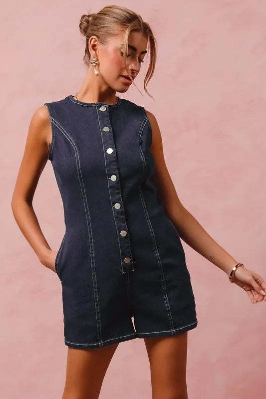 SO ME Button Up Front Washed Denim Sleeveless Romper-Rompers-Trendsi-[option4]-[option5]-[option6]-[option7]-[option8]-Shop-Boutique-Clothing-for-Women-Online