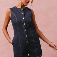 SO ME Button Up Front Washed Denim Sleeveless Romper-Rompers-Trendsi-[option4]-[option5]-[option6]-[option7]-[option8]-Shop-Boutique-Clothing-for-Women-Online
