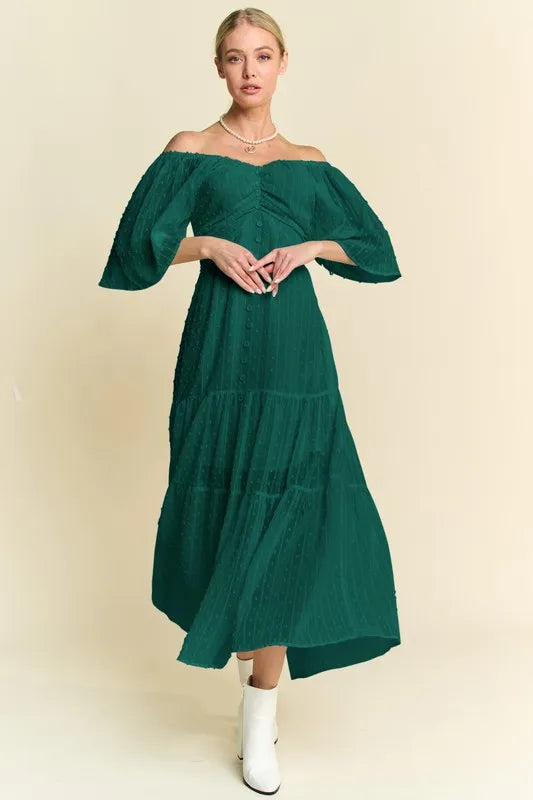 Davi & Dani Swiss Dotted Ruched Ruffle Open Back Midi Dress-Dresses-Trendsi-Forest Green-S-[option4]-[option5]-[option6]-[option7]-[option8]-Shop-Boutique-Clothing-for-Women-Online