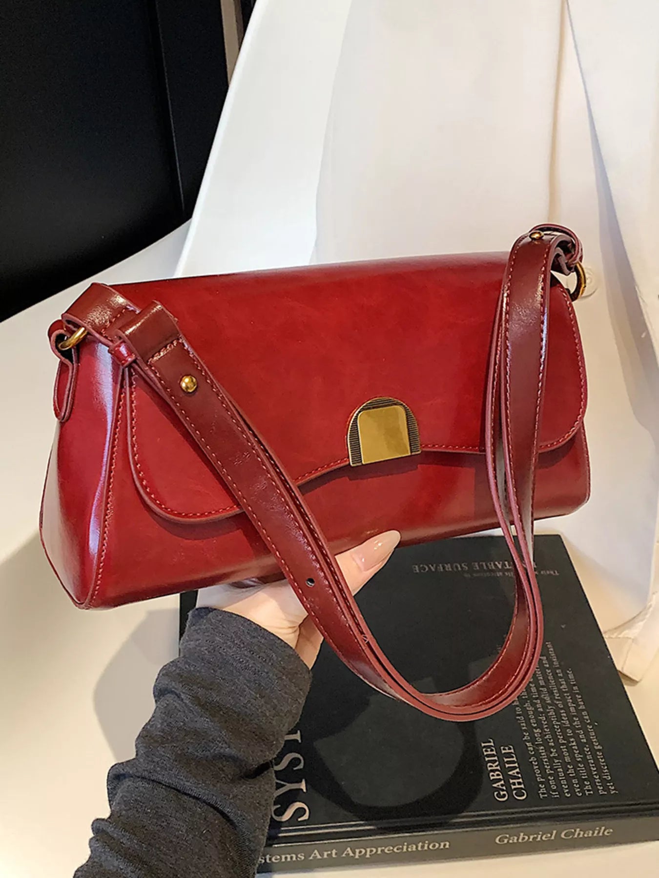 Golden Clasp Shoulder Bag-hand bag-Trendsi-Red-One Size-[option4]-[option5]-[option6]-[option7]-[option8]-Shop-Boutique-Clothing-for-Women-Online