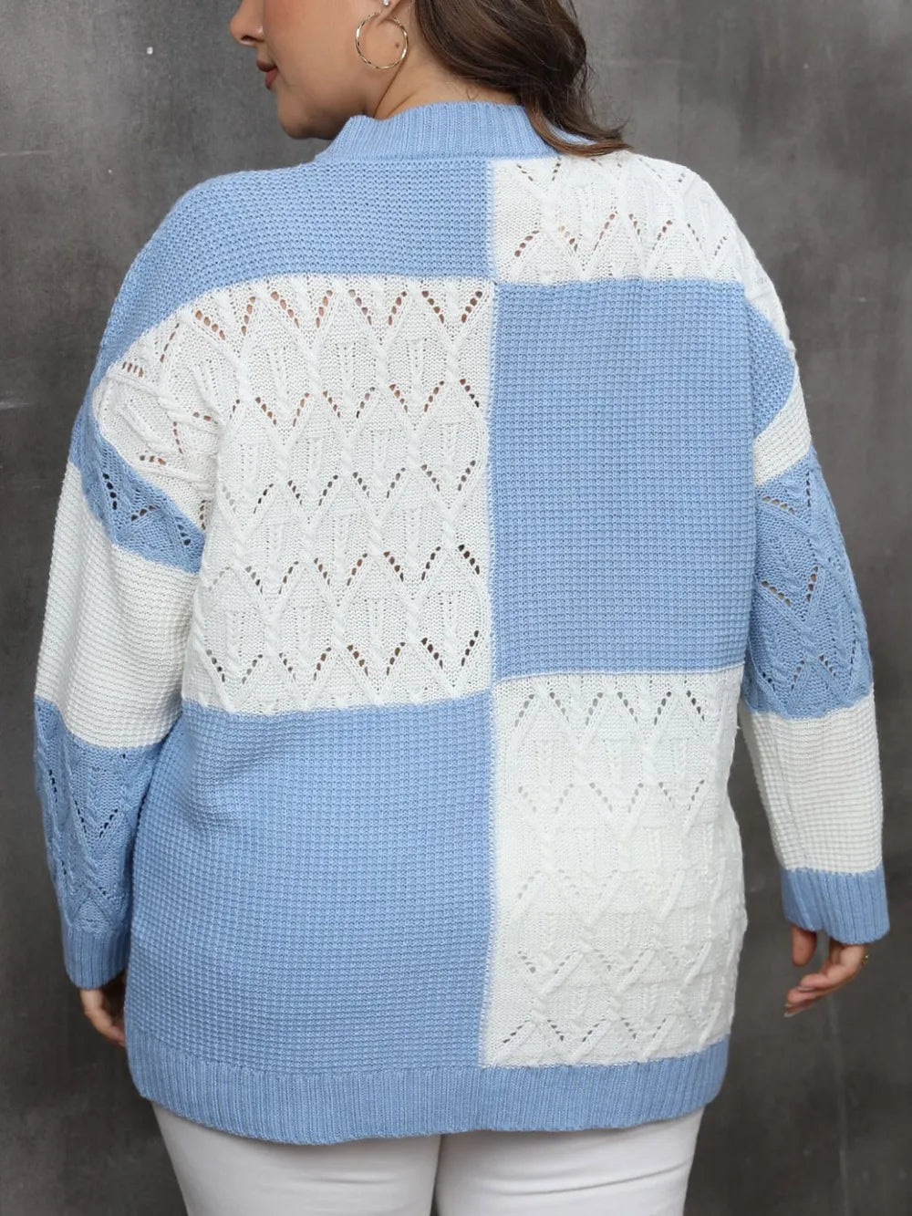 Plus Size Openwork Color Block Long Sleeve Sweater-Sweaters-Trendsi-[option4]-[option5]-[option6]-[option7]-[option8]-Shop-Boutique-Clothing-for-Women-Online