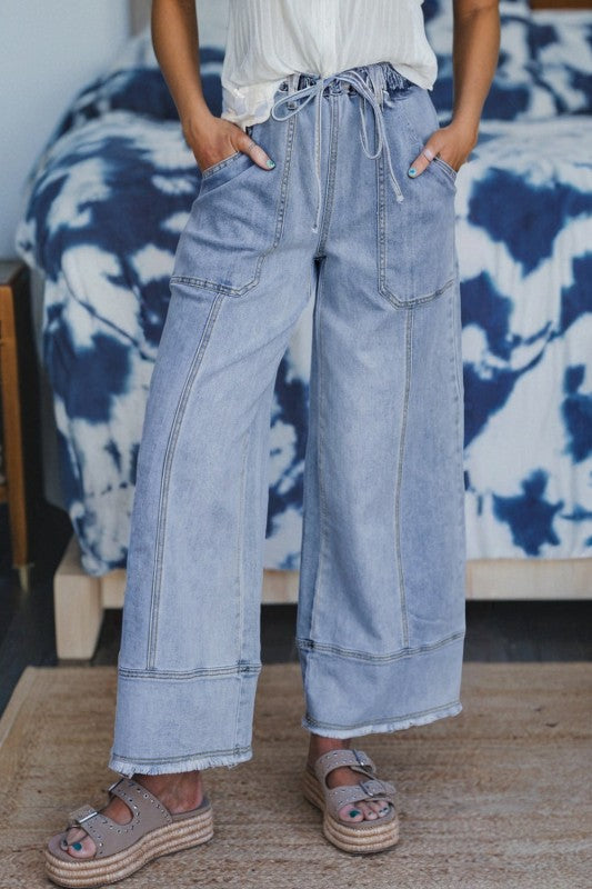 Denim Raw Hem Drawstring Wide Leg Pants-JUNIPER BLVD-Beau Blue-4-[option4]-[option5]-[option6]-[option7]-[option8]-Shop-Boutique-Clothing-for-Women-Online