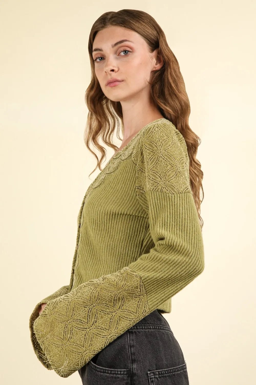 VERY J V-Neck Lace Detail Button Down Crop Ribbed Knit Top-Crop Tops-Trendsi-[option4]-[option5]-[option6]-[option7]-[option8]-Shop-Boutique-Clothing-for-Women-Online