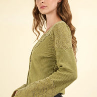 VERY J V-Neck Lace Detail Button Down Crop Ribbed Knit Top-Crop Tops-Trendsi-[option4]-[option5]-[option6]-[option7]-[option8]-Shop-Boutique-Clothing-for-Women-Online