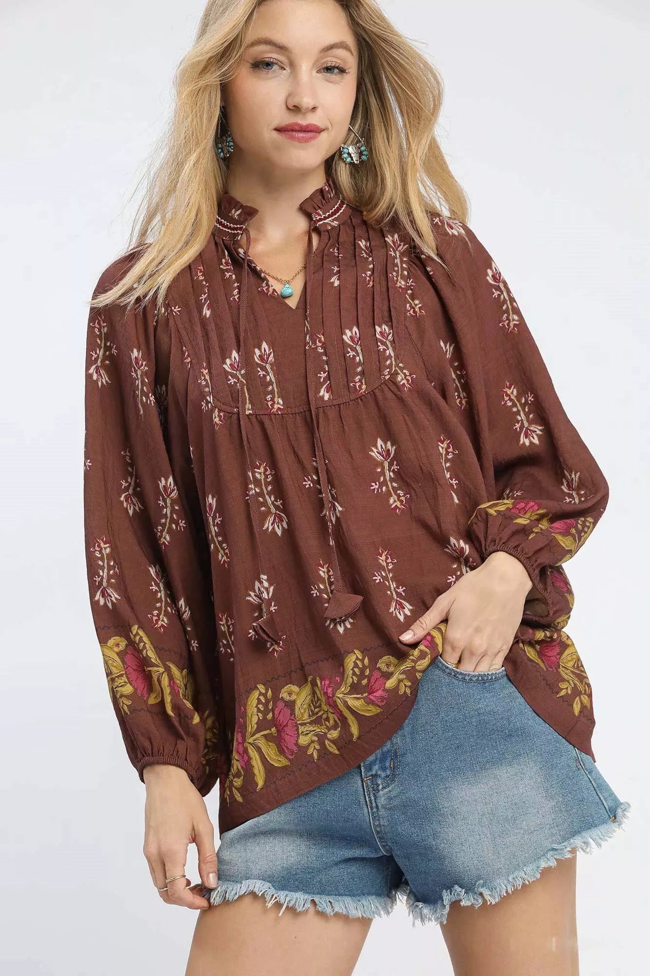 Umgee Floral Boho Peasant Blouse-Blouses-Trendsi-ROSEWOOD-S-[option4]-[option5]-[option6]-[option7]-[option8]-Shop-Boutique-Clothing-for-Women-Online