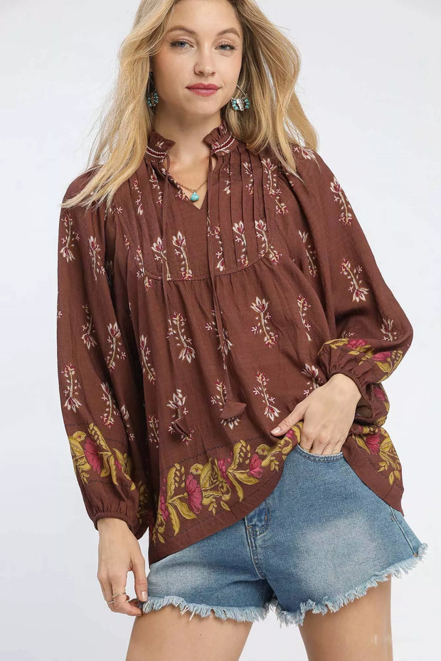 Umgee Floral Boho Peasant Blouse-Blouses-Trendsi-ROSEWOOD-S-[option4]-[option5]-[option6]-[option7]-[option8]-Shop-Boutique-Clothing-for-Women-Online
