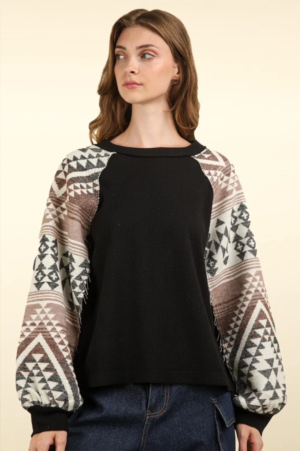 VERY J Printed Long Sleeve Round Neck Knit Top-Blouses-Trendsi-Black-S-[option4]-[option5]-[option6]-[option7]-[option8]-Shop-Boutique-Clothing-for-Women-Online