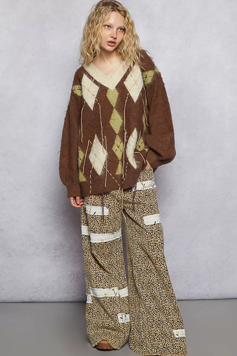 POL V-Neck Argyle Pattern Mohair Sweater with Contrast Exposed Stitch Detail-sweater-Trendsi-[option4]-[option5]-[option6]-[option7]-[option8]-Shop-Boutique-Clothing-for-Women-Online