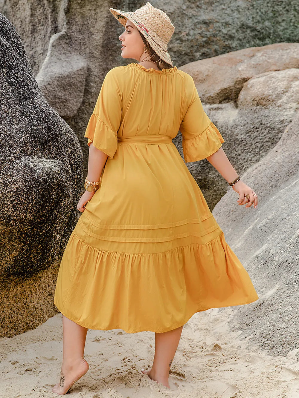 Plus Size Notched Tie Waist Half Sleeve Midi Dress-Dresses-Trendsi-[option4]-[option5]-[option6]-[option7]-[option8]-Shop-Boutique-Clothing-for-Women-Online