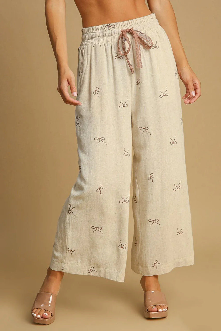Umgee Full Size Lace Drawstring Embroidered Bow Wide Leg Pants Plus Size-pants-Trendsi-OATMEAL-S-[option4]-[option5]-[option6]-[option7]-[option8]-Shop-Boutique-Clothing-for-Women-Online