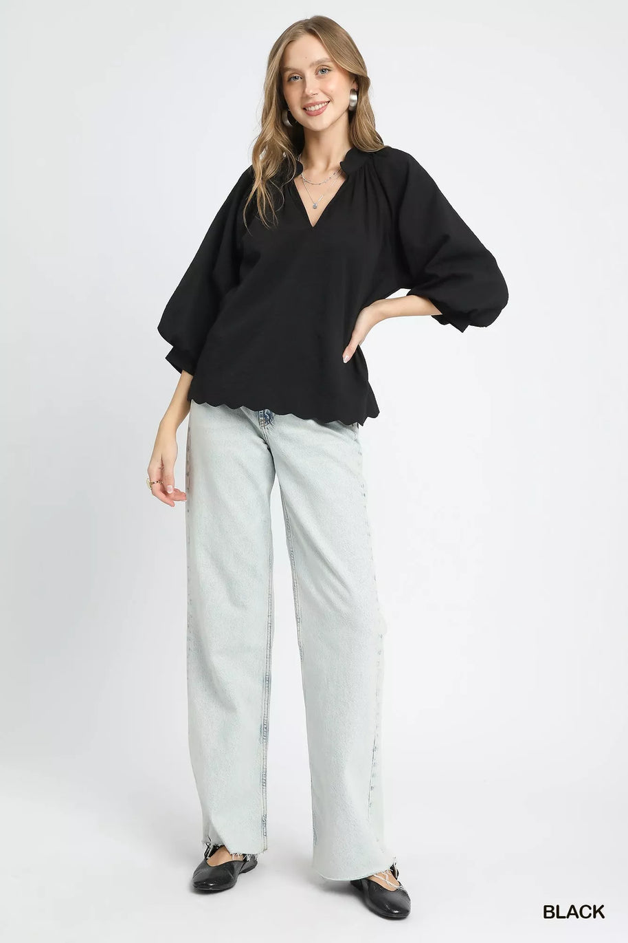 Umgee Full Size Textured Notched Balloon Sleeve Blouse-Blouses-Trendsi-[option4]-[option5]-[option6]-[option7]-[option8]-Shop-Boutique-Clothing-for-Women-Online
