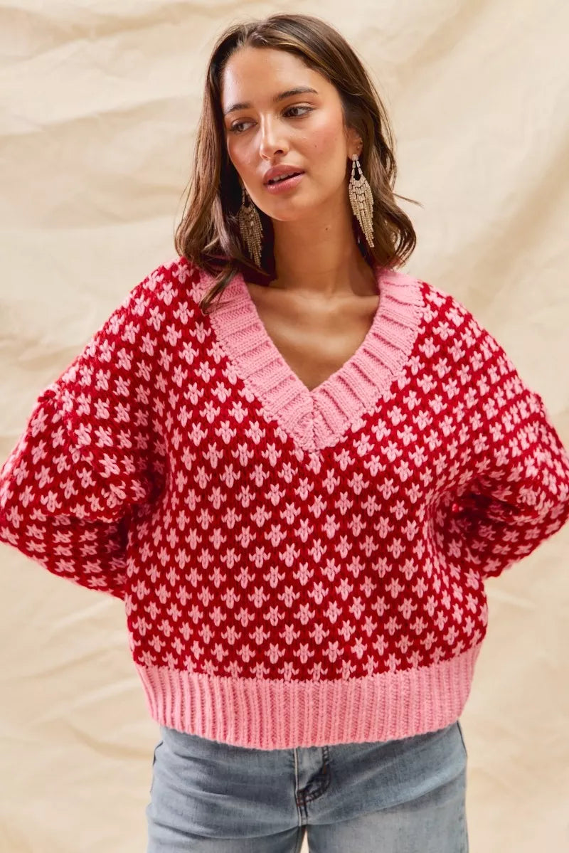 SO ME Color Block Textured Christmas Sweater V Neck Top-Sweaters-Trendsi-[option4]-[option5]-[option6]-[option7]-[option8]-Shop-Boutique-Clothing-for-Women-Online