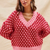 SO ME Color Block Textured Christmas Sweater V Neck Top-Sweaters-Trendsi-[option4]-[option5]-[option6]-[option7]-[option8]-Shop-Boutique-Clothing-for-Women-Online